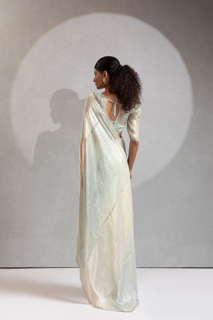 Pastel Sage Green Organza Saree with Subtle Sequin Detailing