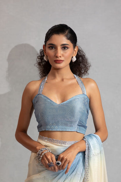 Elegant Blue & Ivory Ombre Organza Saree
