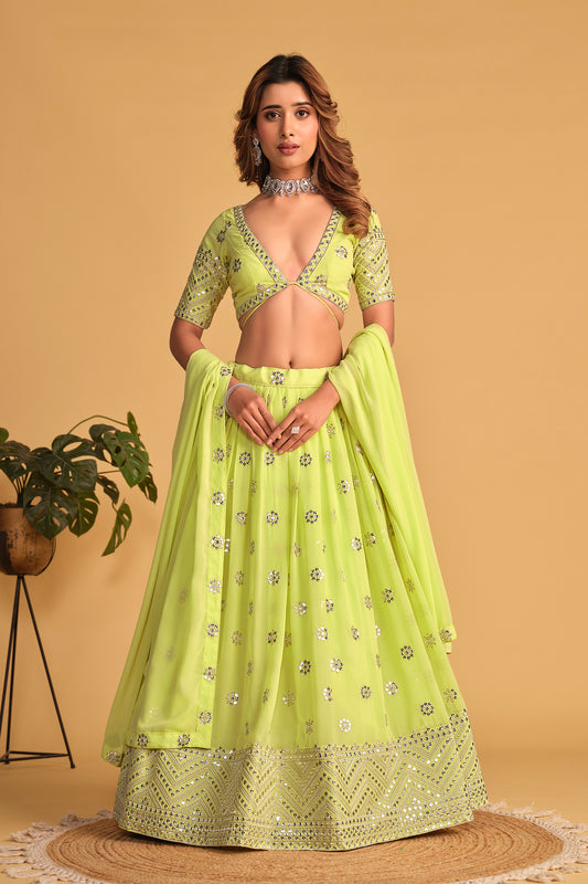 Lime Green Mirror Work Lehenga Set