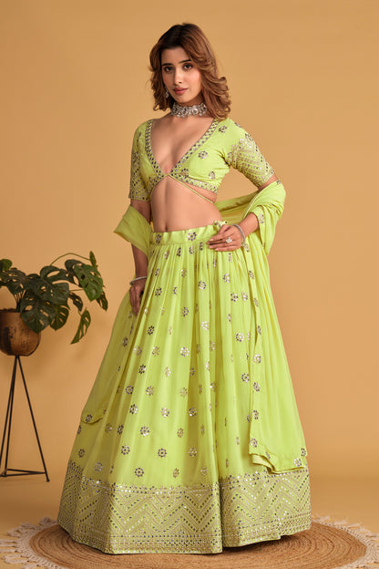 Lime Green Mirror Work Lehenga Set