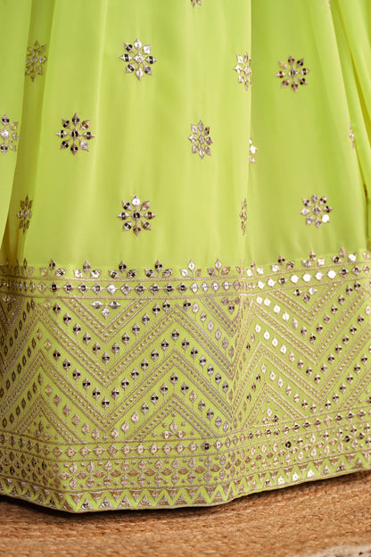 Lime Green Mirror Work Lehenga Set