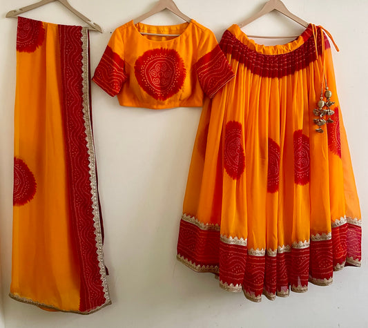 Vibrant Yellow & Red Bandhani Lehenga Set – Handcrafted Festive Outfit