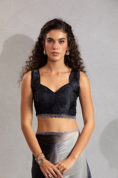 Black & Ivory Ombre Organza Saree with Sequin Border