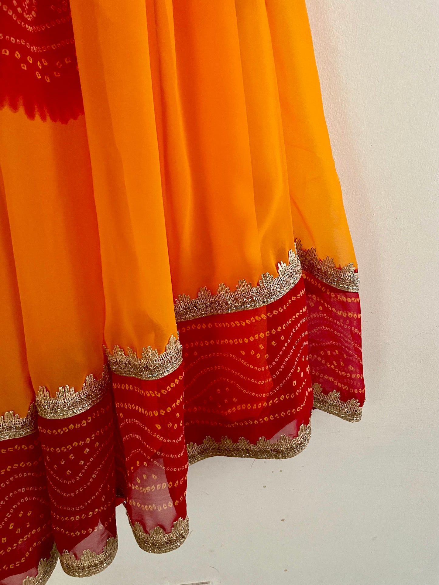 Vibrant Yellow & Red Bandhani Lehenga Set – Handcrafted Festive Outfit