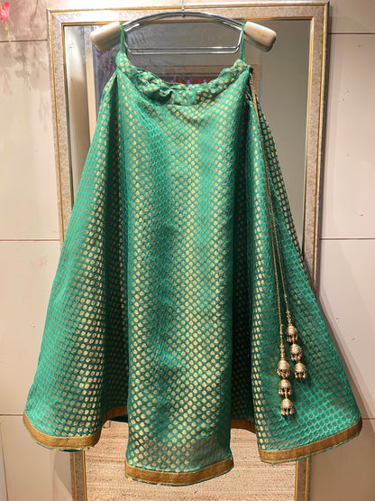 Green Brocade Lehenga Skirt with Golden Zari Work – Custom Size