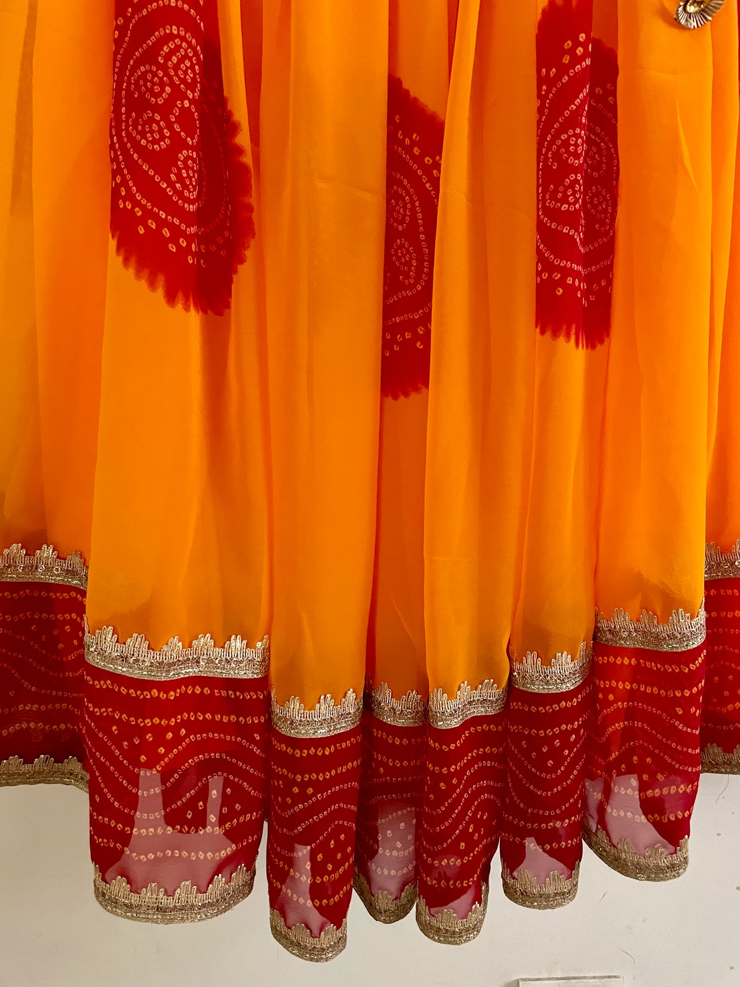 Vibrant Yellow & Red Bandhani Lehenga Set – Handcrafted Festive Outfit