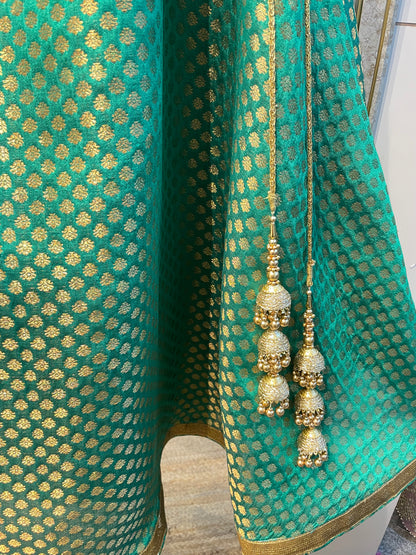 Green Brocade Lehenga Skirt with Golden Zari Work – Custom Size
