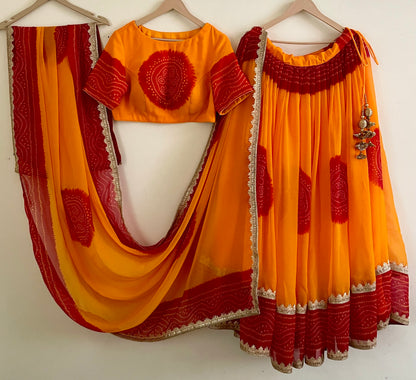 Vibrant Yellow & Red Bandhani Lehenga Set – Handcrafted Festive Outfit