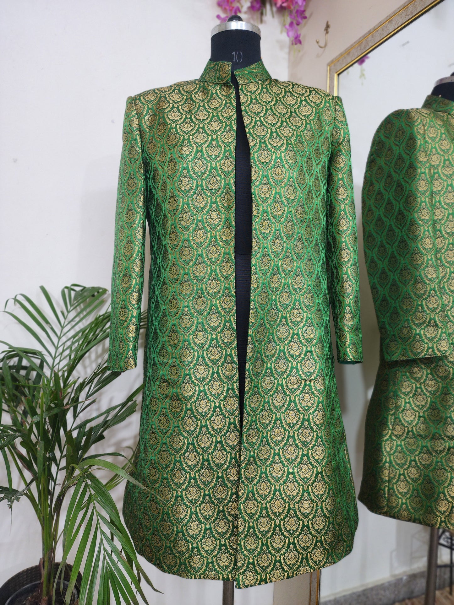 Green with Gold Long Cape Jacket For Women