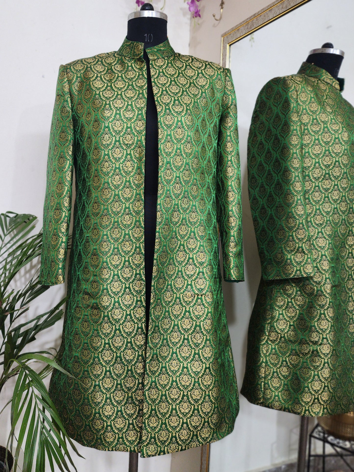 Green with Gold Long Cape Jacket For Women