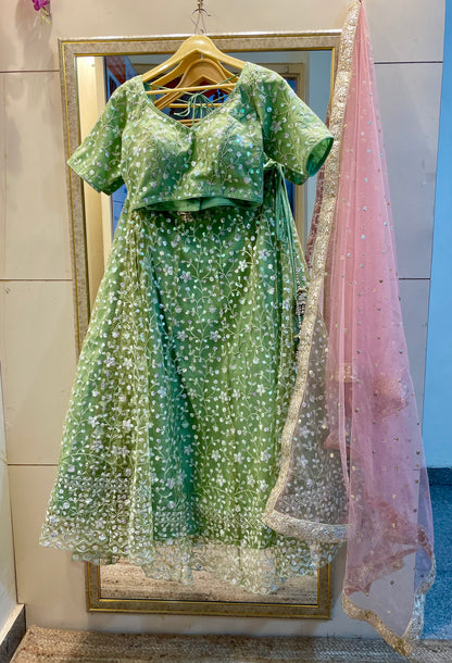 Indian Designer Embroidered Green Net Lehenga Choli