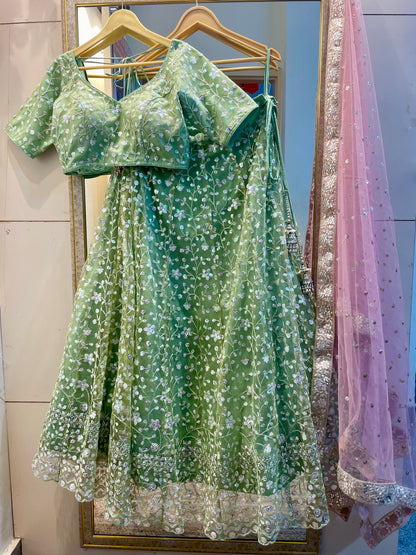 Indian Designer Embroidered Green Net Lehenga Choli