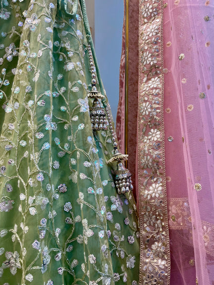 Indian Designer Embroidered Green Net Lehenga Choli