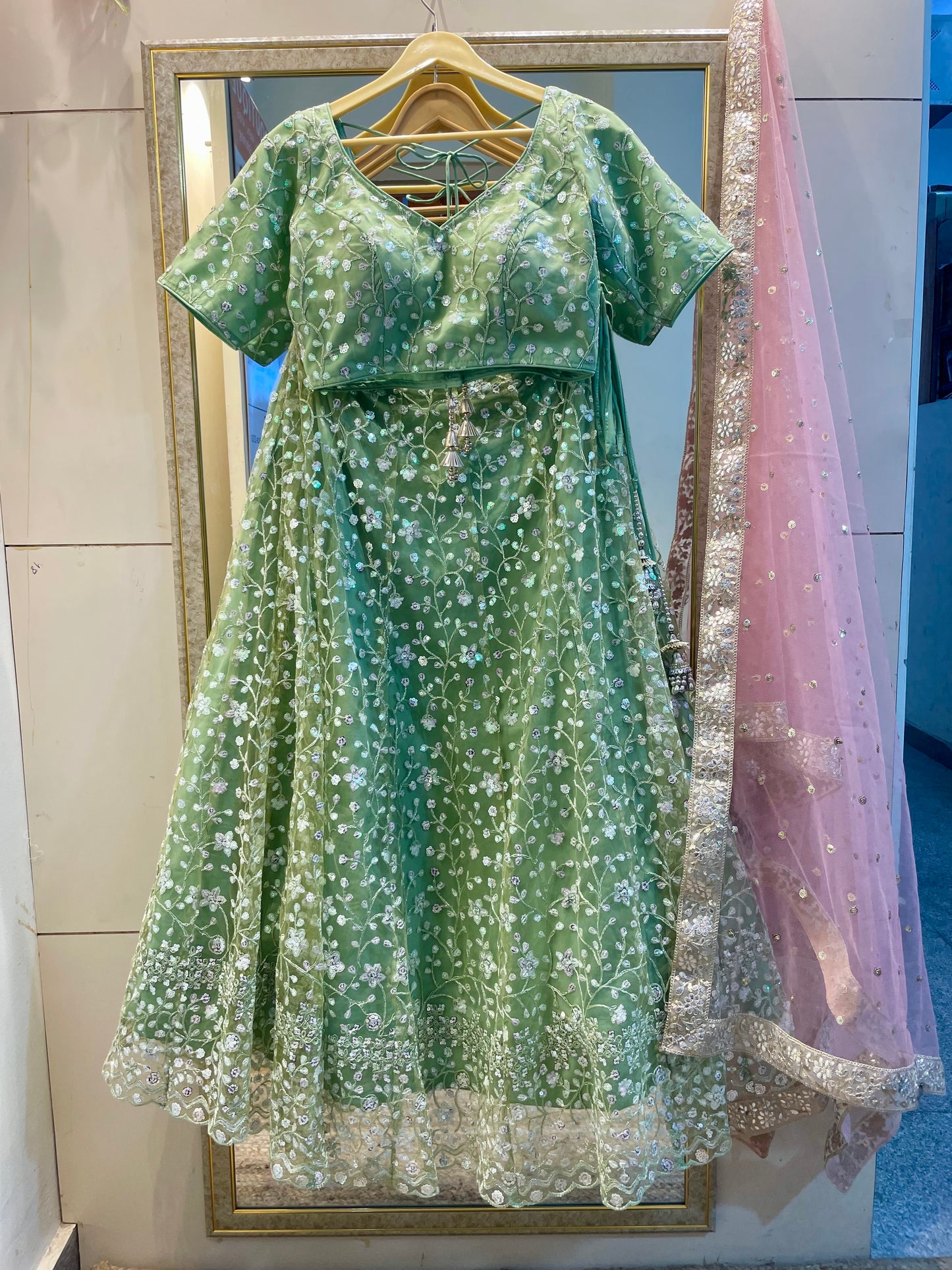 Indian Designer Embroidered Green Net Lehenga Choli