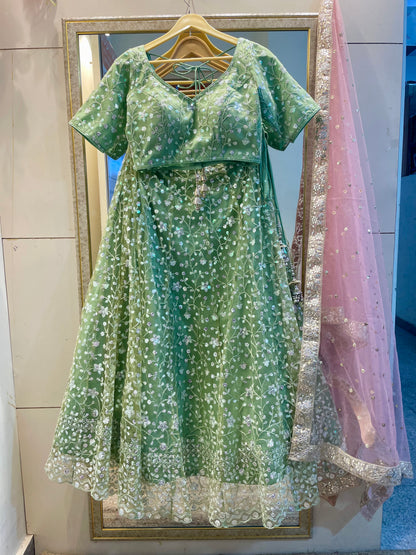 Indian Designer Embroidered Green Net Lehenga Choli