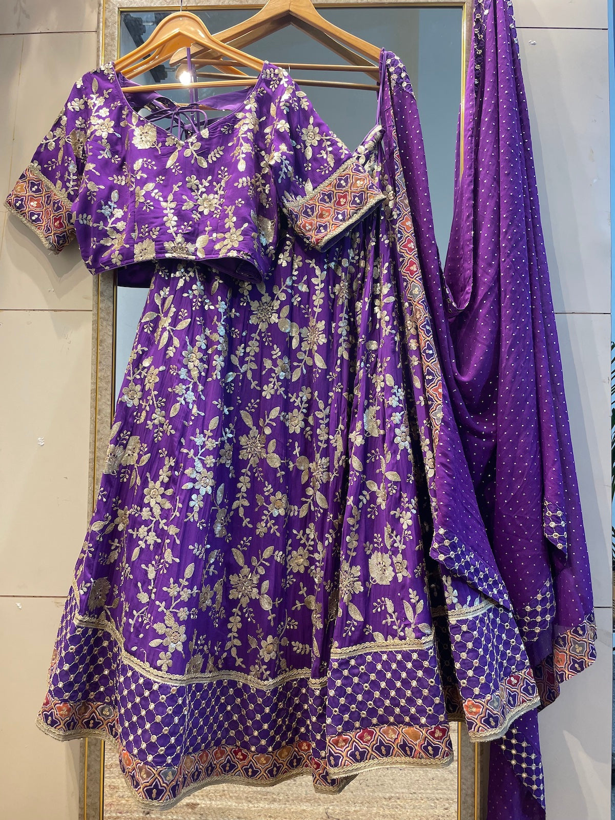 Purple designer lehenga choli custom made with embroidered georgette