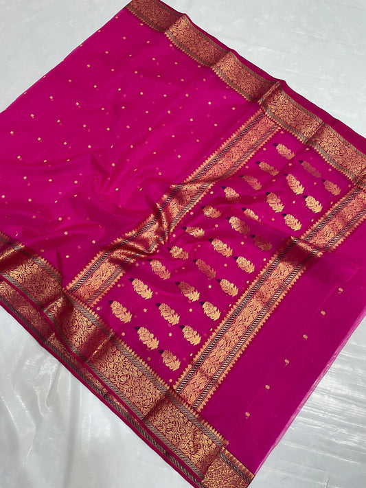 Hot pink chanderi silk handloom saree