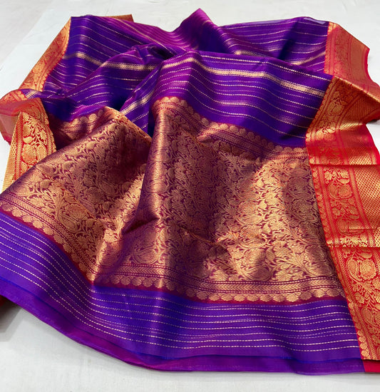 Purple katan silk saree with wide border