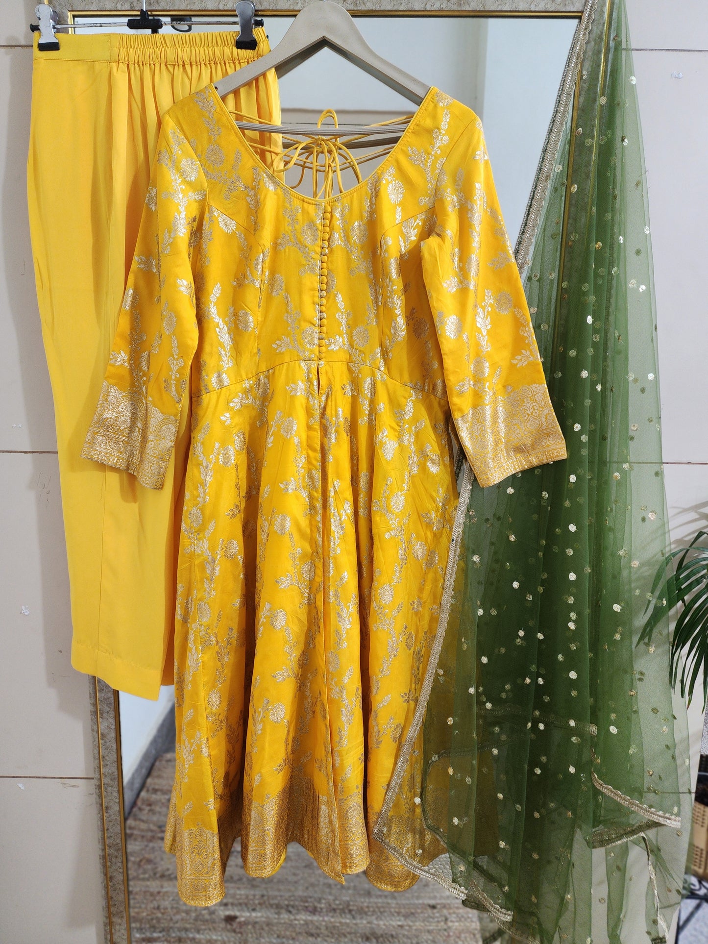 Yellow Anarkali Salwar Kameez with Green Net Dupatta