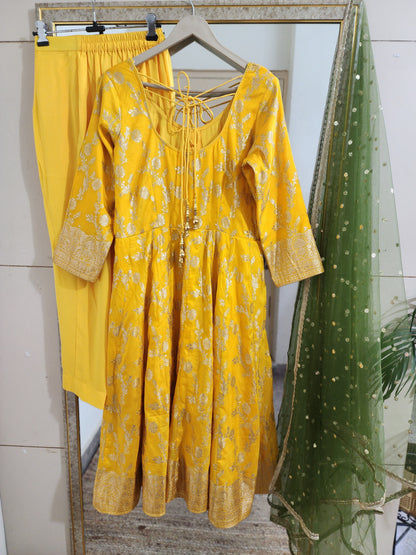 Yellow Anarkali Salwar Kameez with Green Net Dupatta