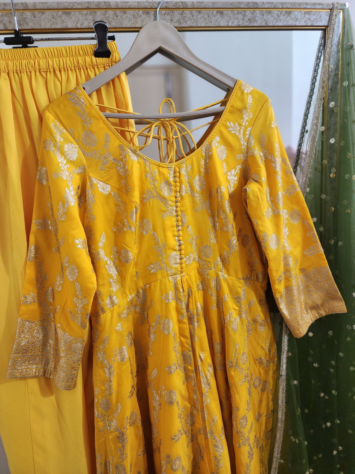 Yellow Anarkali Salwar Kameez with Green Net Dupatta