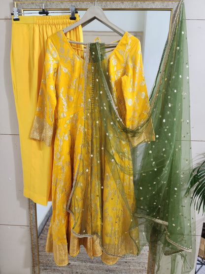 Yellow Anarkali Salwar Kameez with Green Net Dupatta