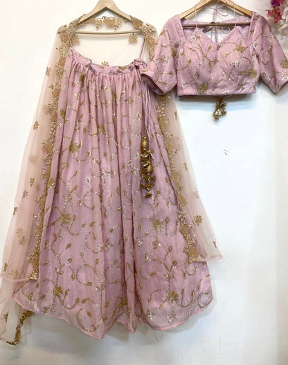 Pastel Pink Embroidered Organza Lehenga Set with Net Dupatta - Plus size Available