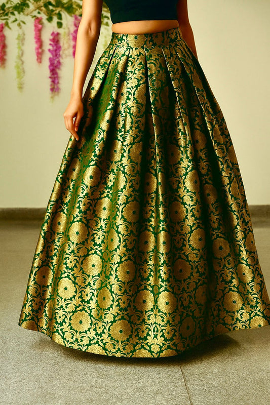Ready to Wear Dark Green Brocade Skirt for Women