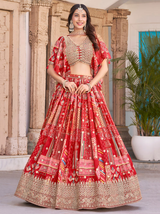 Elegant Red Chinnon Silk Lehenga Set with Embroidered Blouse and Chiffon Dupatta