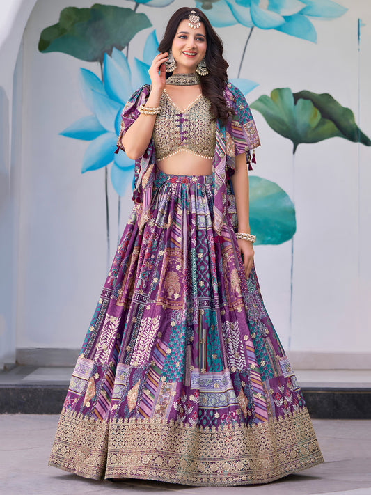 Indian Designer Purple Chinnon Embroidered Lehenga Set