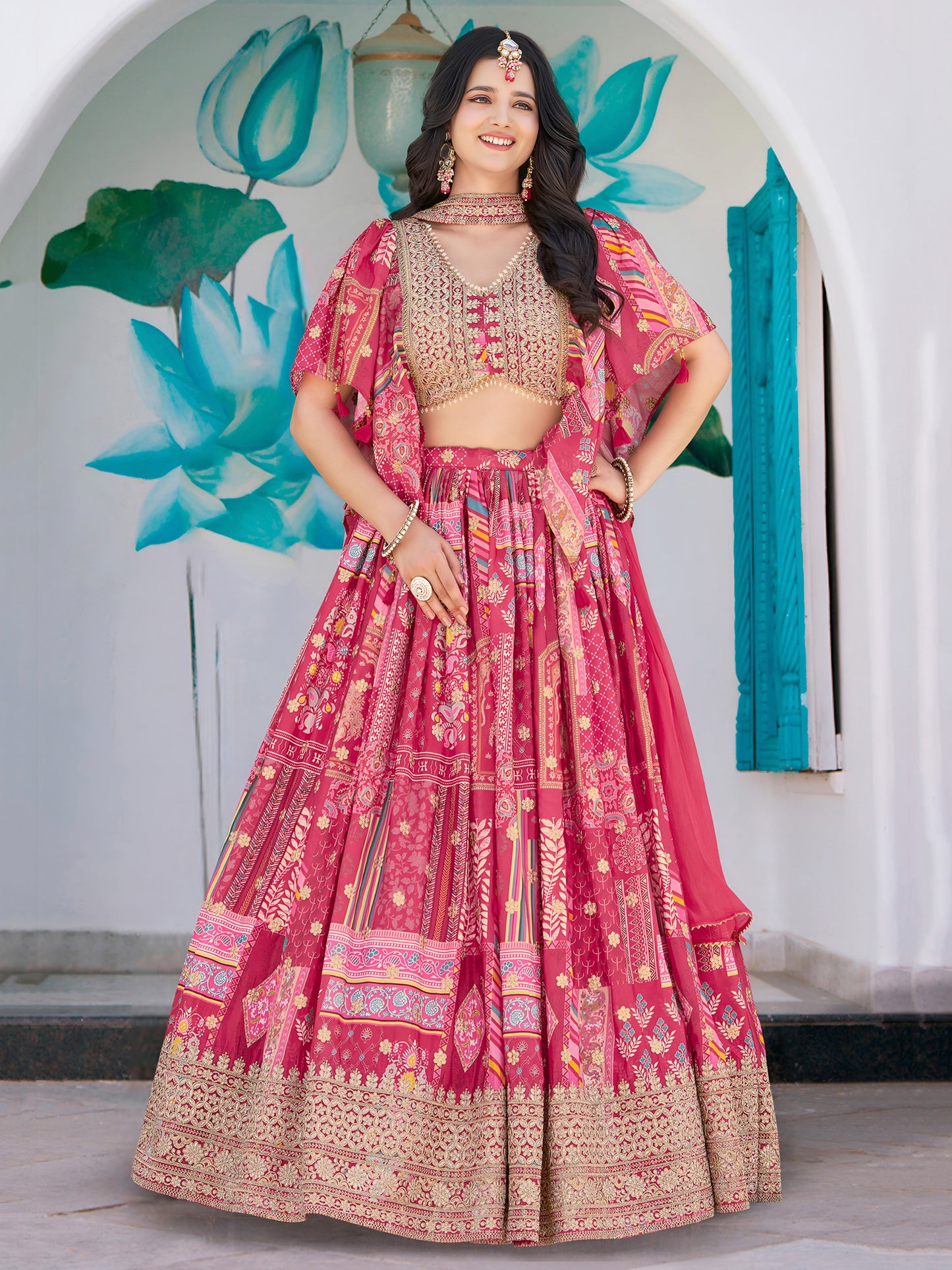 Pink Chinon Lehenga with Embroidered Blouse & Cape Sleeves