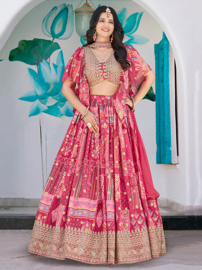Pink Chinon Lehenga with Embroidered Blouse & Cape Sleeves
