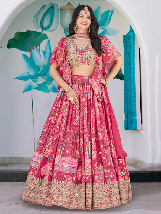 Pink Chinon Lehenga with Embroidered Blouse & Cape Sleeves