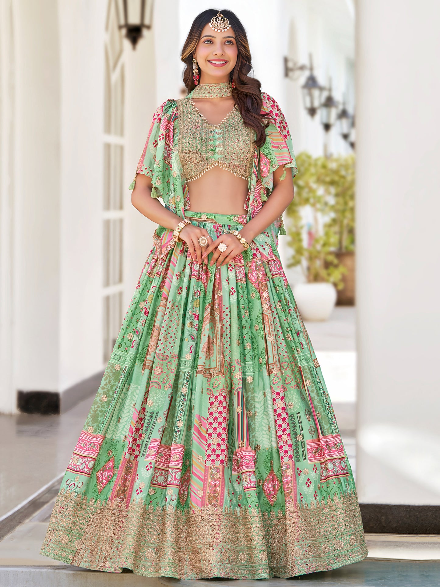 Pastel Green Printed Chinnon Lehenga Set with Embroidered Blouse