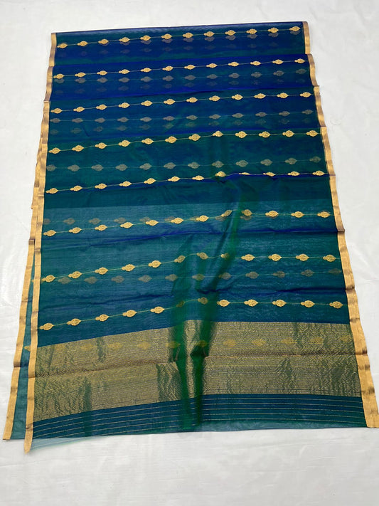 Peacock Blue & Green Katan Silk Saree with Zari Work