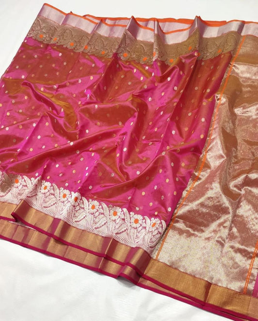 Radiant Pink & Gold Pattu Silk Saree with Intricate Embroidery