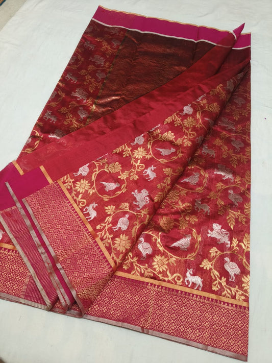 Regal Red Banarasi Silk Saree with Zari Animal & Bird Motifs