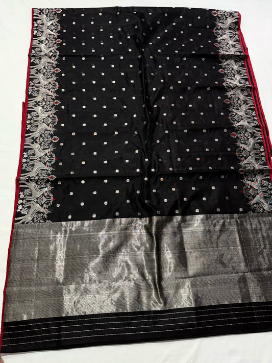 Black Handloom Silk Saree with Silver Zari Pallu & Peacock Border