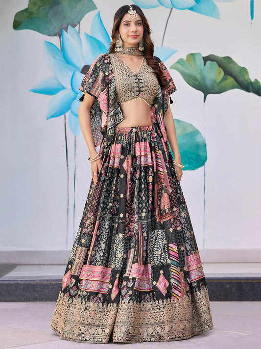 Elegant Black Multicolor Printed Lehenga Set with Golden Embroidered Blouse