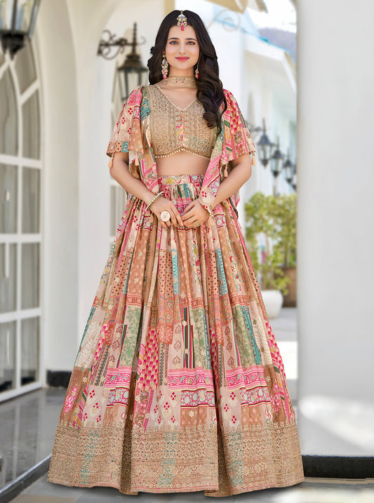 Elegant Multicolor Printed Lehenga Choli with Embroidered Blouse