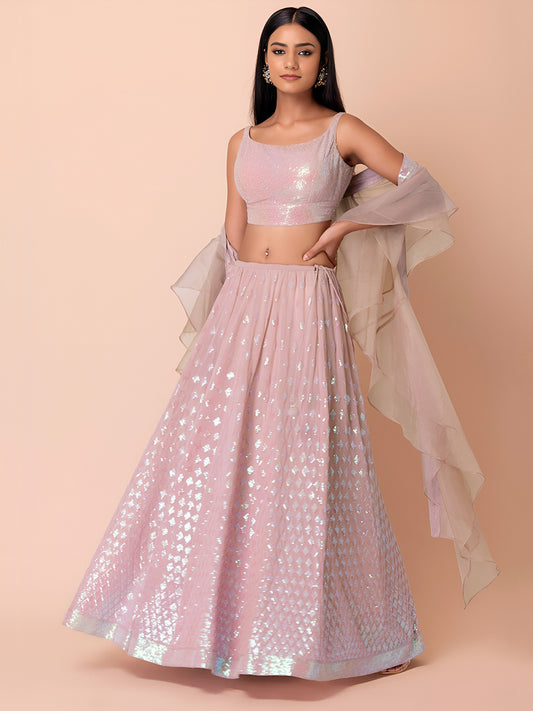 Blush Pink Sequin Lehenga Set with Ruffle Dupatta