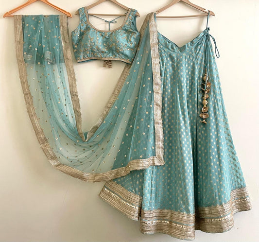 Sage Green Indian Designer Lehenga Blouse for Wedding Guest