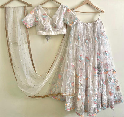 White Pastel Floral Embroidered Lehenga Set