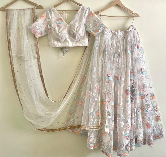 White Pastel Floral Embroidered Lehenga Set