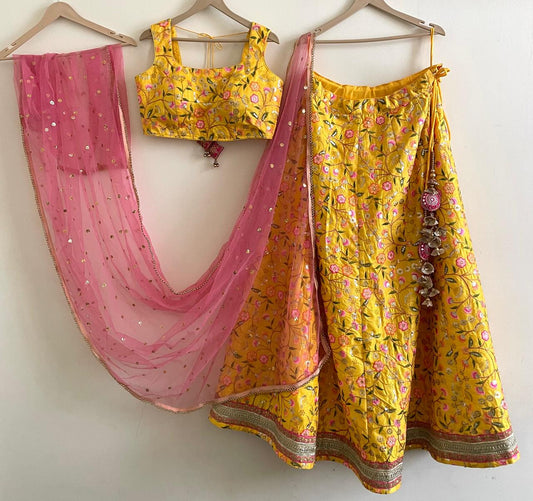 Sunshine Yellow Embroidered Lehenga Set with Pink Dupatta