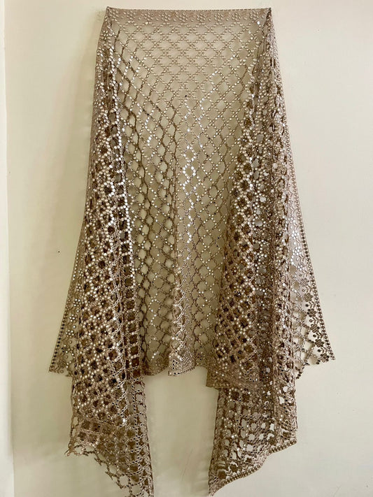 Posheeda Designer Net Dupatta – Golden Mirror & Sequin Work