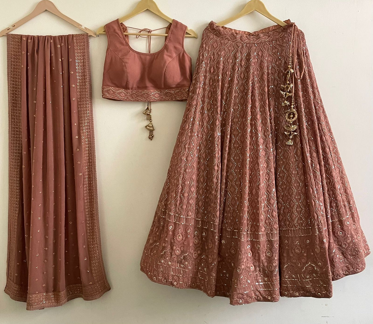 Dusty Rose Chikankari Lehenga Choli Set with Gota Work