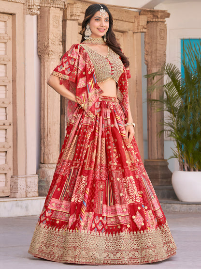 Elegant Red Chinnon Silk Lehenga Set with Embroidered Blouse and Chiffon Dupatta