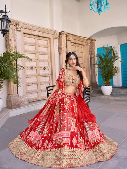 Elegant Red Chinnon Silk Lehenga Set with Embroidered Blouse and Chiffon Dupatta