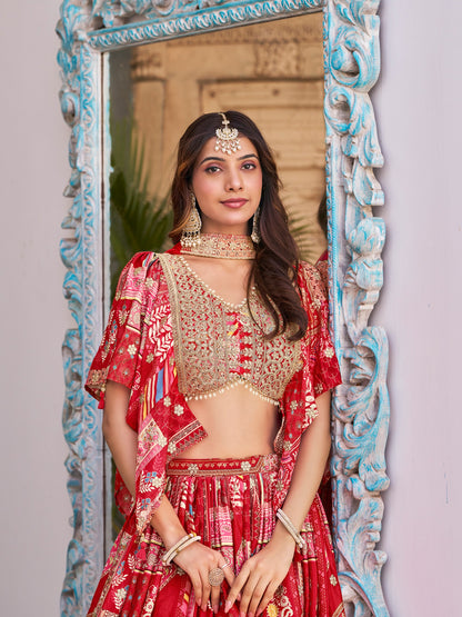 Elegant Red Chinnon Silk Lehenga Set with Embroidered Blouse and Chiffon Dupatta